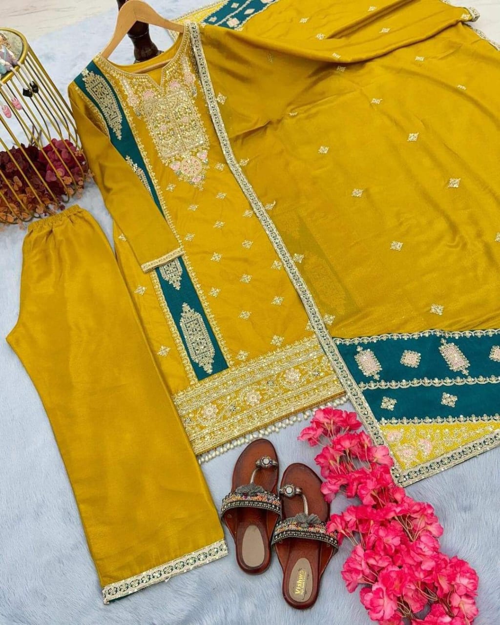 Indian moslin silk jorjet ambrodari work 3 pis
