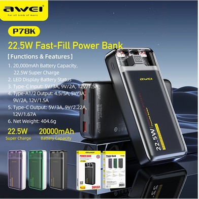 Awei P78K 20000mAh 22.5W Fast Charging Power Bank with LED Display
